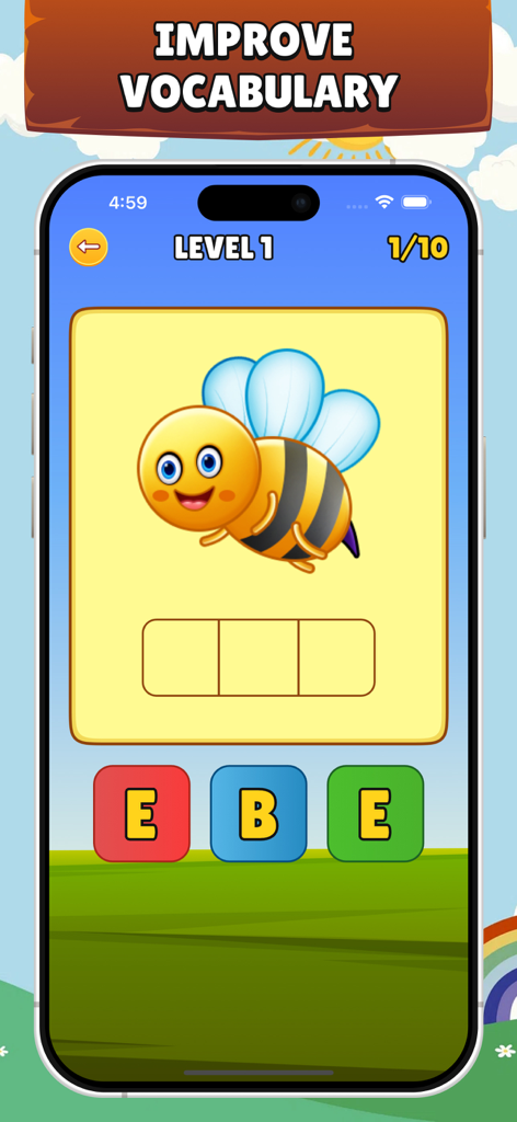 Spelling Games - Learn to Read - Pantalla de juego de ortografía educativa que muestra una abeja de dibujos animados y letras para mejorar el vocabulario.