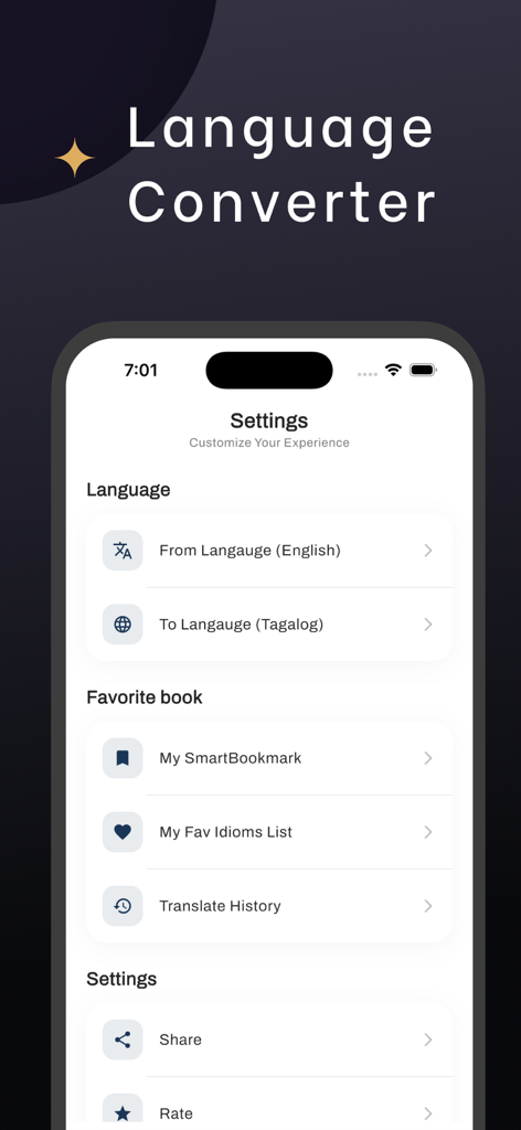 English Tagalog Translator - English Tagalog Translator app settings screen showing language options and history