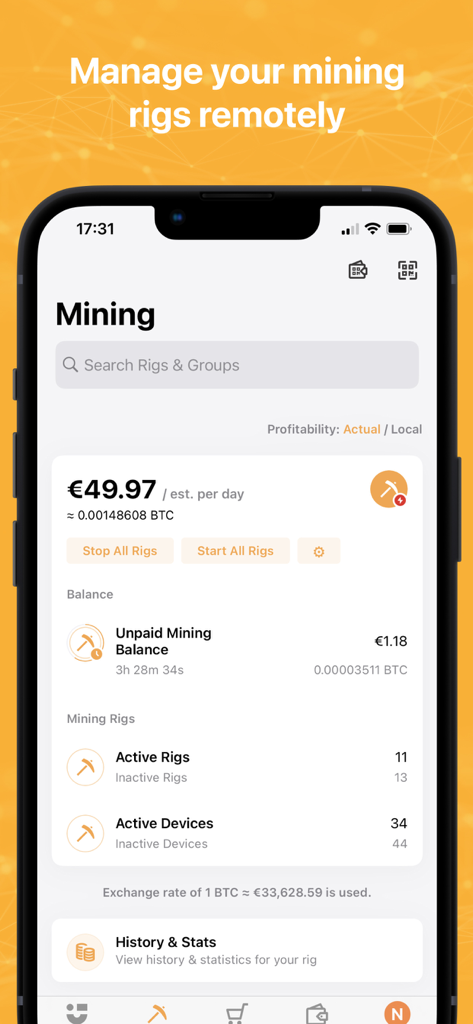 NiceHash - Uno smartphone che mostra la schermata Rig Manager dell'app NiceHash con statistiche e controlli di mining.