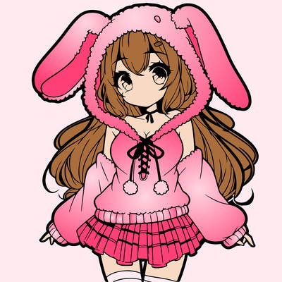 pretty anime girl wearing a fluffy hoodie with bunny ears on the hood and a skirt