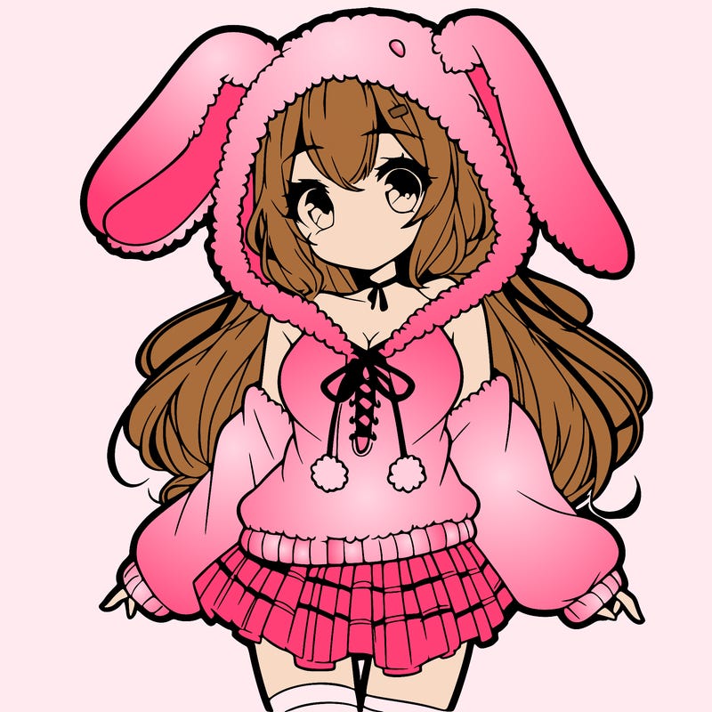 pretty anime girl wearing a fluffy hoodie with bunny ears on the hood and a skirt