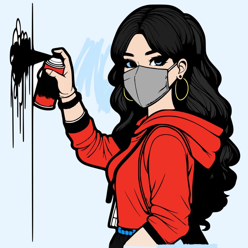 realistic girl with mask spray painting a wall