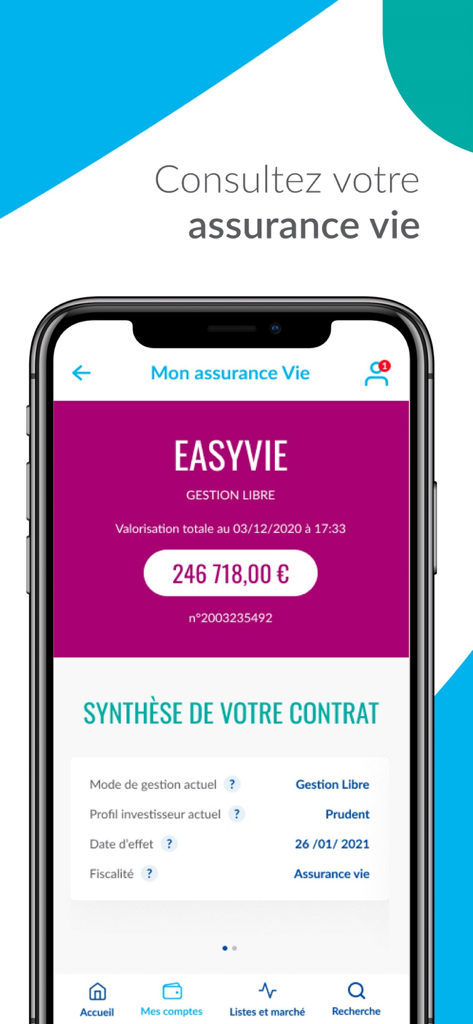 EasyBourse - Écran de l'application EasyBourse affichant le résumé du portefeuille d'assurance vie EasyVie et le solde du compte