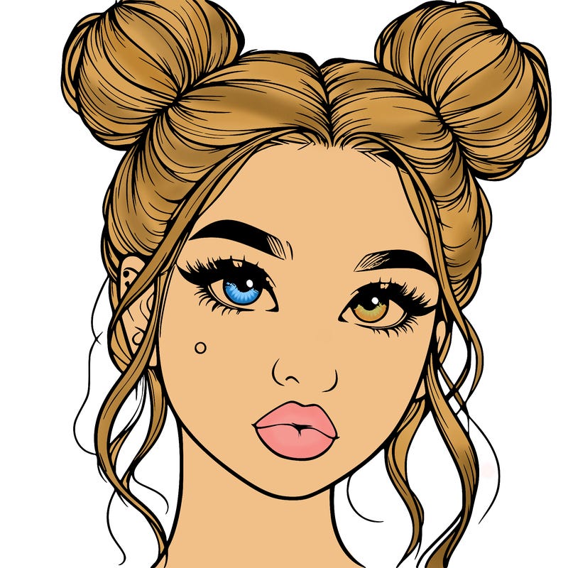 realistic girl with two buns on her hair and lips