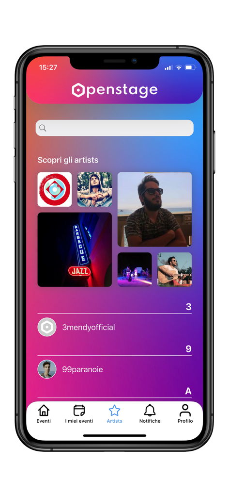 Open Stage Mobile App-Oberfläche, die die Entdeckungsseite für lokale Künstler mit einer Suchleiste und Profilfotos anzeigt.