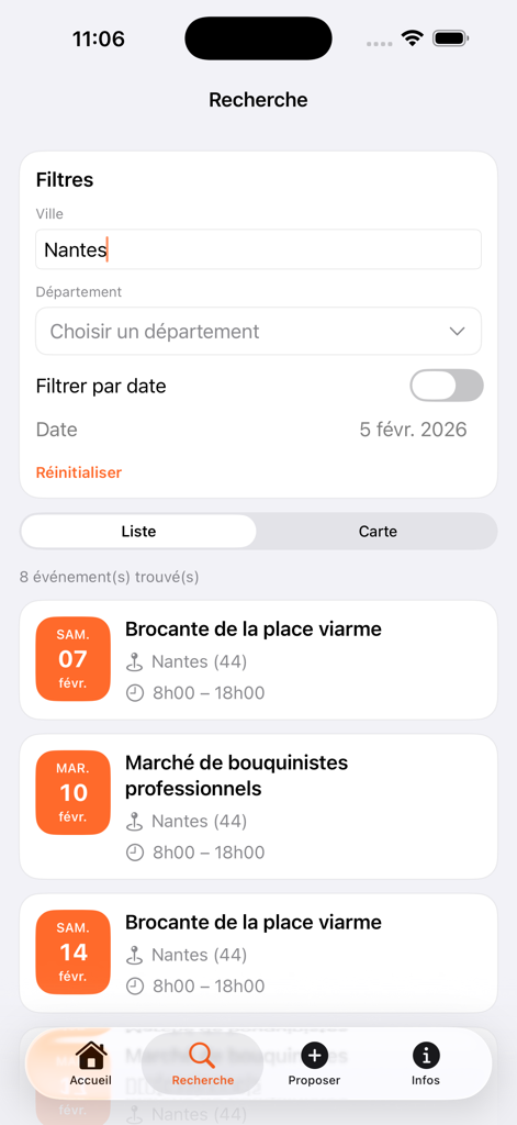 Vide-greniers et brocantes - Search results screen of the Vide-greniers et brocantes app showing flea market listings in Nantes