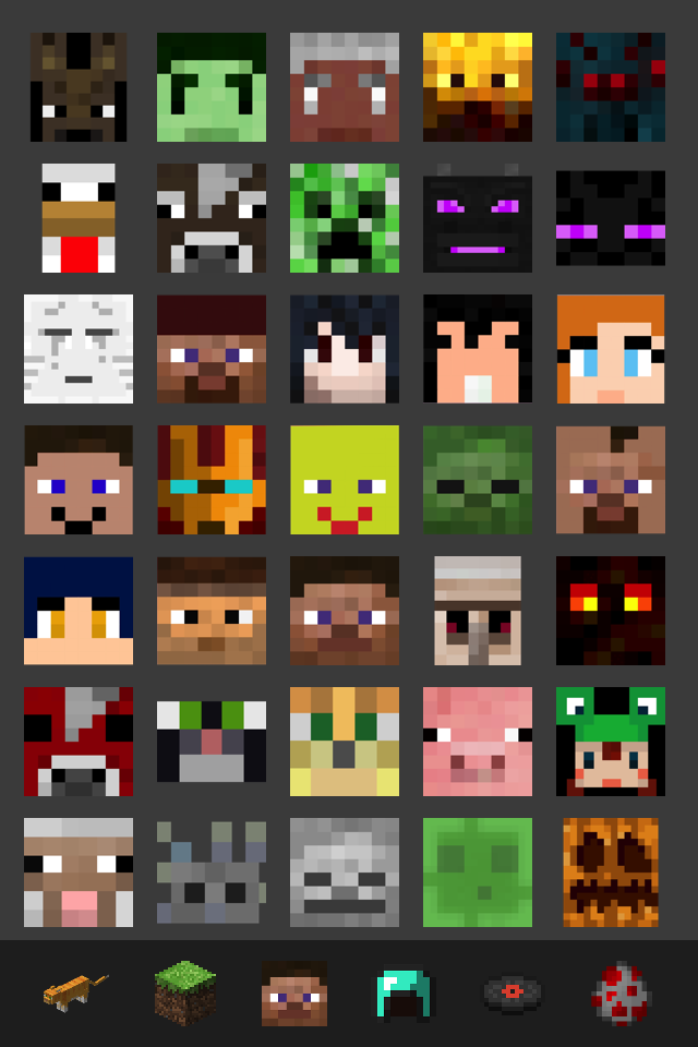 Grid of pixelated Minecraft skins and character heads for chat stickers
