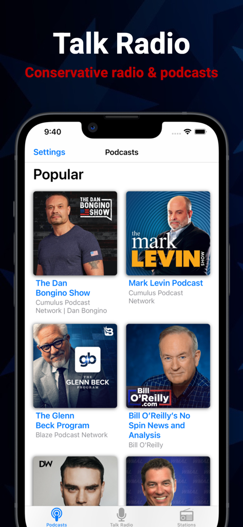 Conservative Talk Radio app interface showing a list of popular podcasts from prominent hosts.