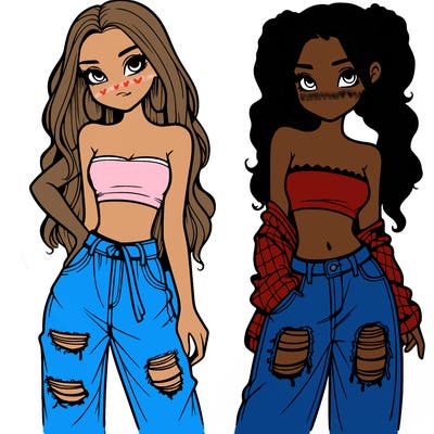 2 girls in crop tops and baggy jeans ripped