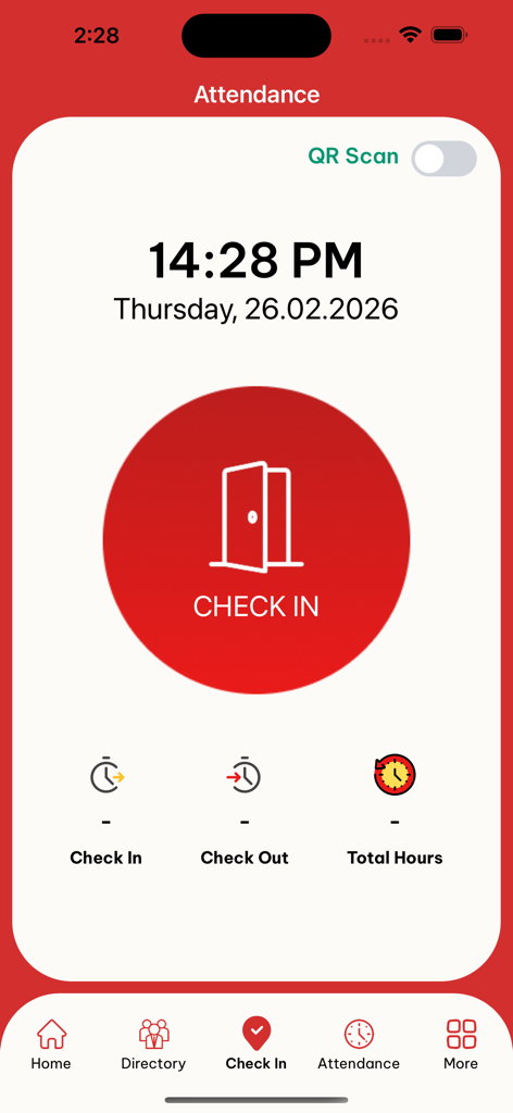 Royal Express HR - Interfaz de registro de asistencia con un botón rojo grande y la visualización de la hora actual