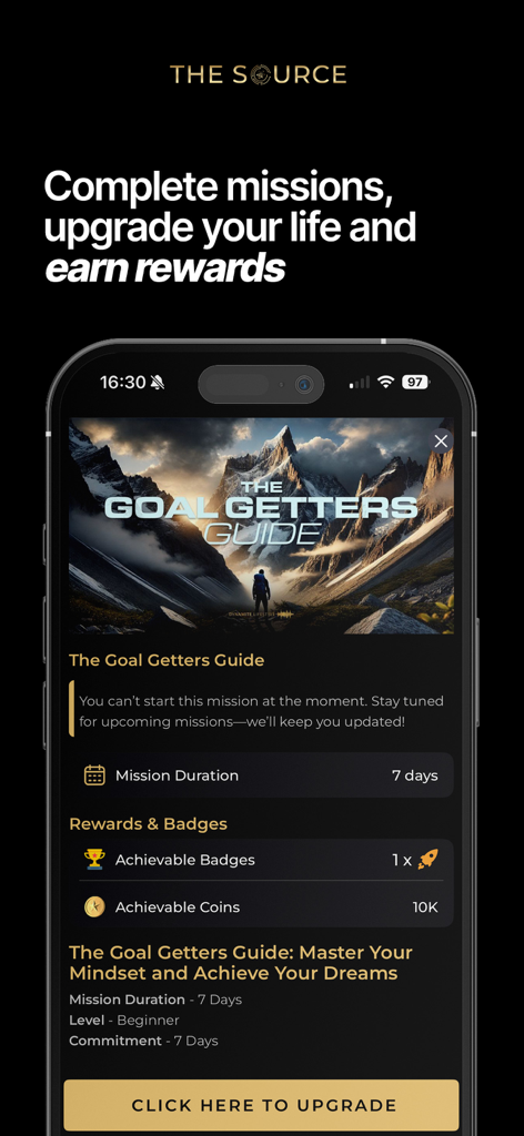 The Source. - The Source app interface showing The Goal Getters Guide mission screen with duration and reward details.