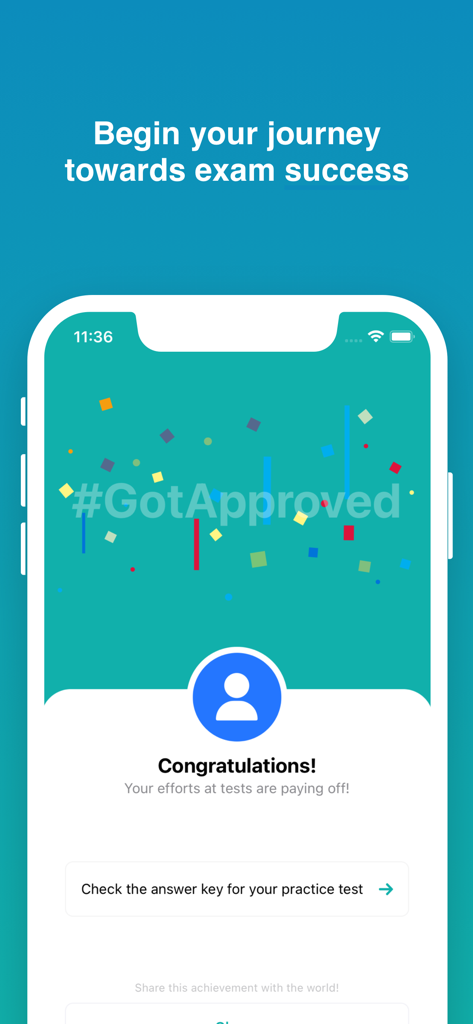 A mobile app screen celebrating a student passing an NCLEX practice test with confetti and a GotApproved hashtag.
