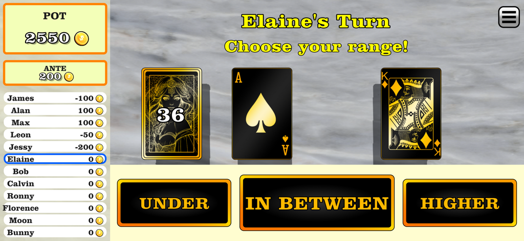 In Between: Numbers Card Game - Gameplay interface of In Between card game showing betting options and player scores.