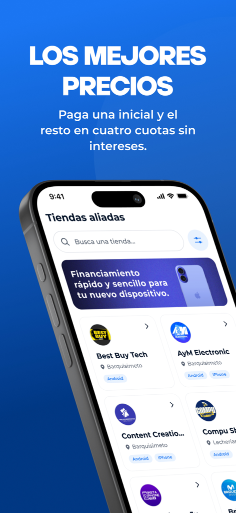 QuickOffer | Paga Después - Interfaz de la aplicación QuickOffer que muestra tiendas asociadas para pagos a plazos de tecnología sin intereses.
