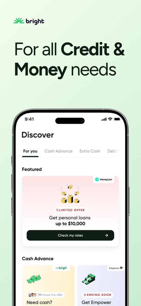 Bright app interface showing personal loan and cash advance offers for financial strivers