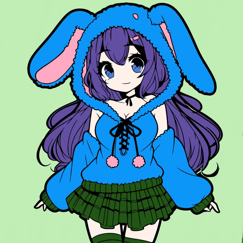 pretty anime girl wearing a fluffy hoodie with bunny ears on the hood and a skirt