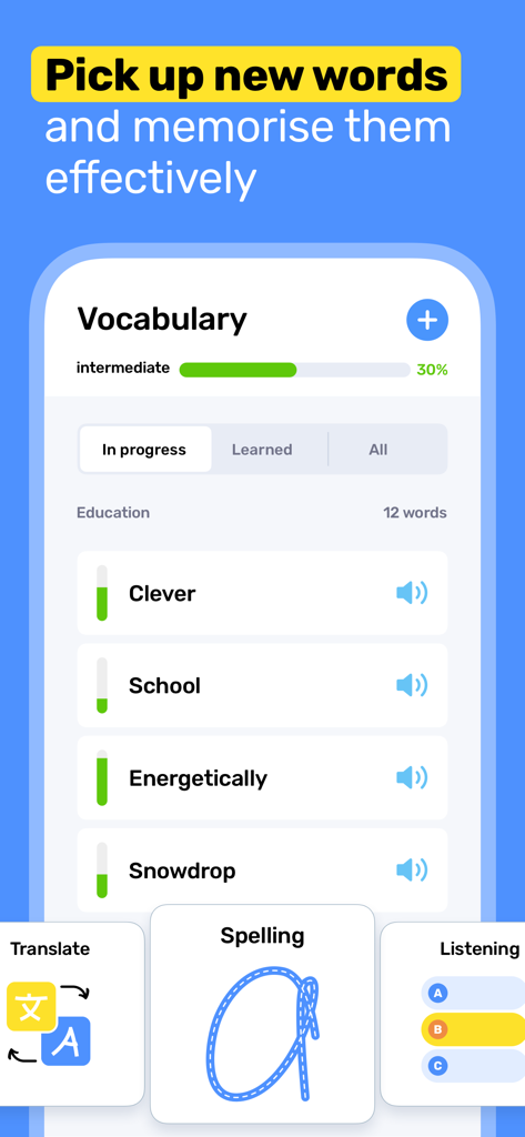 Interface de l'application d'apprentissage de l'anglais Ule montrant une liste de vocabulaire et des exercices d'orthographe interactifs