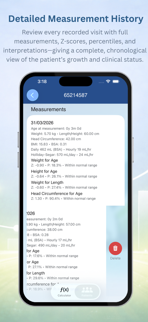 PediaMetrics: Pediatric Growth - Pediatric measurement history screen showing clinical data Z-scores and percentiles for medical professionals