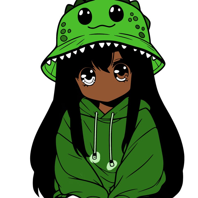 girl with anime shaped eyes with a dinosaur bucket hat oversized sweatshirt long straight hair
