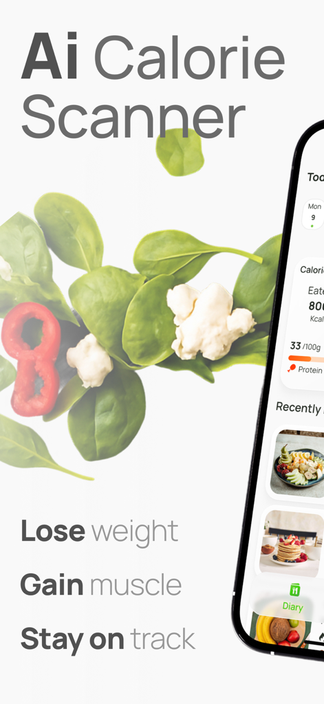 AI Calorie Counter & Meal Plan - KI-Kalorienscanner-App-Oberfläche, die Essensverfolgung und Fitnessziele wie Gewichtsverlust und Muskelaufbau zeigt