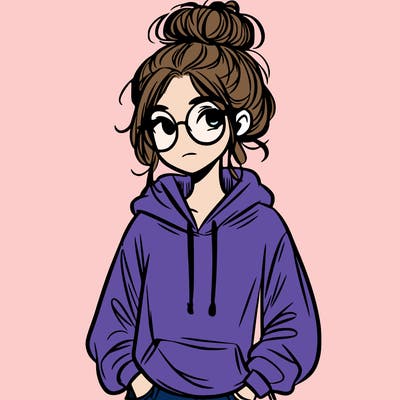 teen girl with a messy bun and glasses wearing a loose hoodie and jeans