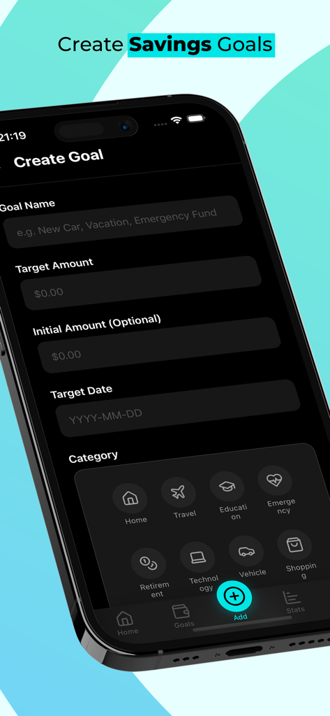 Goal Getters: Money Save Track - Smartphone screen showing the create savings goal interface with fields for target amount and various category icons like travel and home