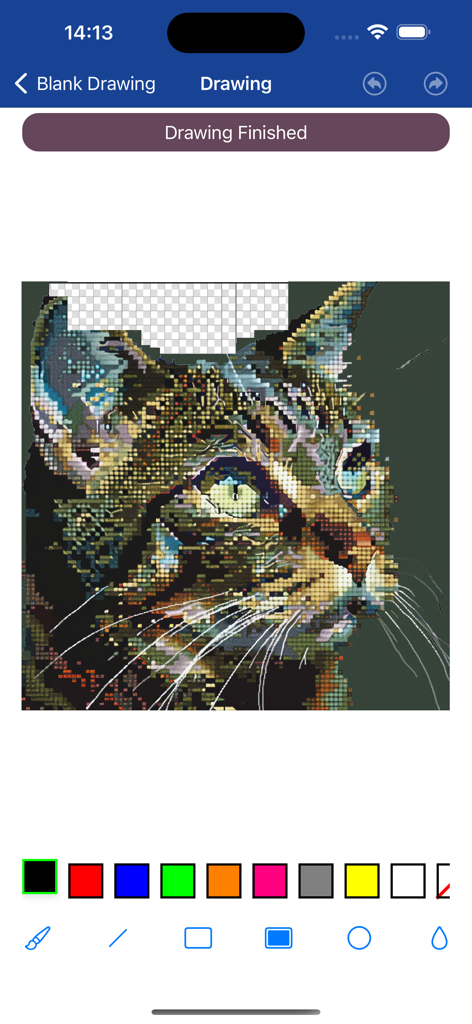 Pixel Art - 8 Bit Painter - Eine Pixelkunstzeichnung einer Katze auf der Benutzeroberfläche einer mobilen Kreativ-App mit einer Farbpalette und Werkzeugen.