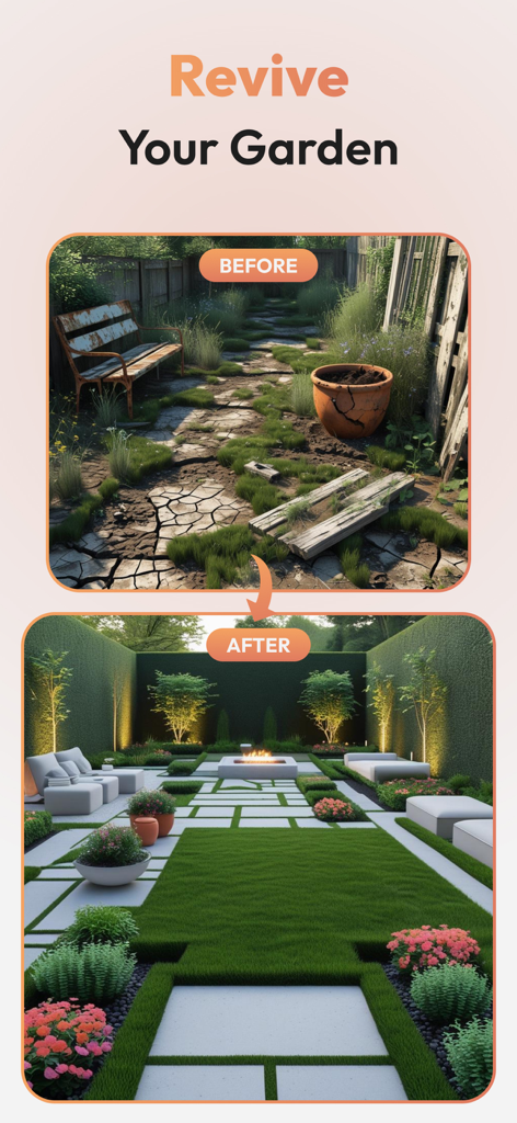 HomeAura: AI Interior Design - Uma comparação de antes e depois mostrando um quintal negligenciado transformado em um jardim paisagístico moderno usando design de IA.