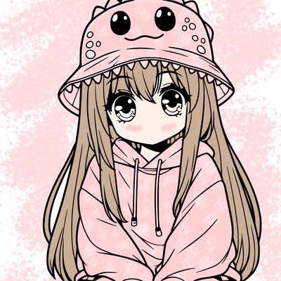 girl with anime shaped eyes with a dinosaur bucket hat oversized sweatshirt long straight hair