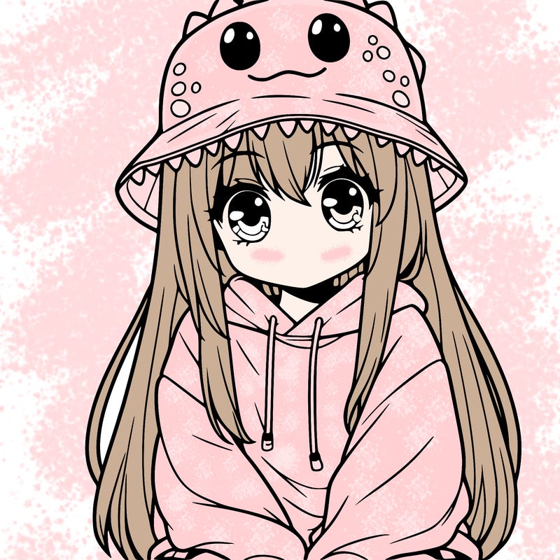 girl with anime shaped eyes with a dinosaur bucket hat oversized sweatshirt long straight hair