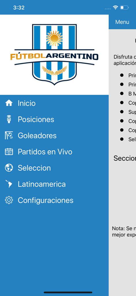 Futbol Argentino en vivo - Menu principal de l'application Futbol Argentino en vivo affichant les options de navigation comme les classements et les scores en direct