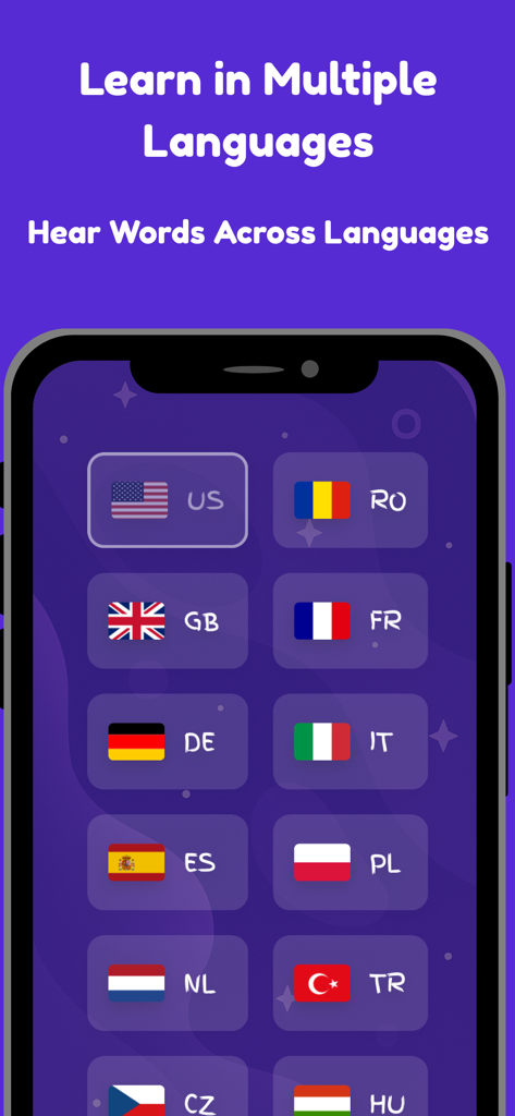MiaLoo: Toddler Learning Games - Captura de pantalla de la aplicación MiaLoo que muestra varias opciones de idioma y banderas nacionales para el aprendizaje infantil.