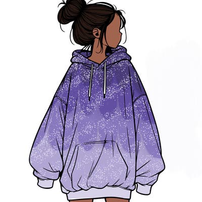 realistic girl with a oversized sweatshirt on and a bun
