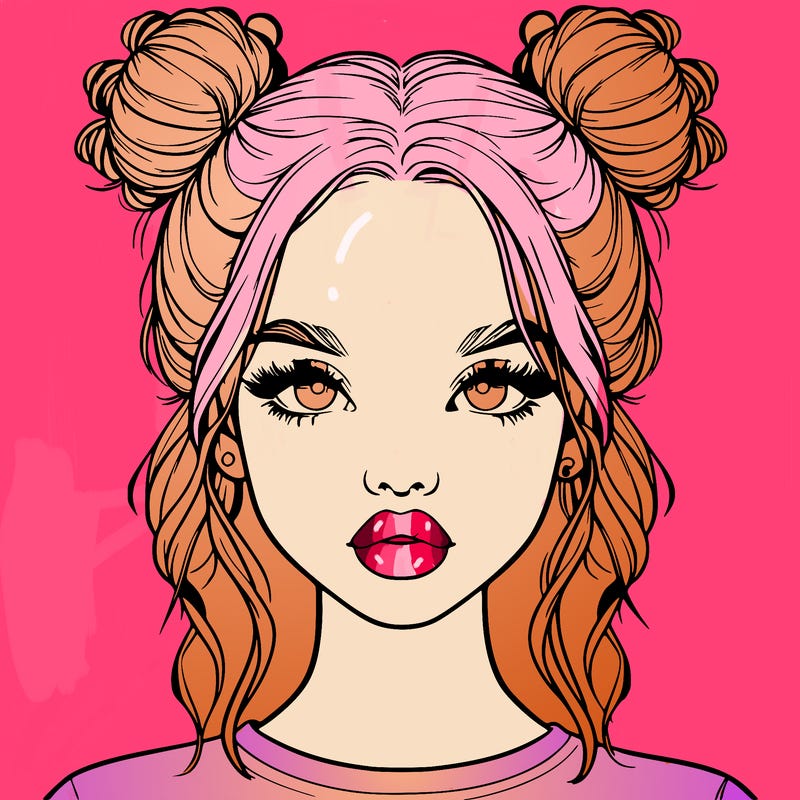 realistic girl with two buns in hair and lips