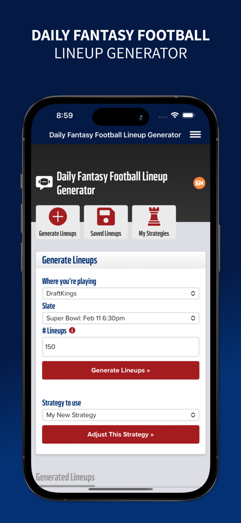 Draft Sharks Fantasy Football - Interface of the Draft Sharks Daily Fantasy Football Lineup Generator showing DraftKings settings
