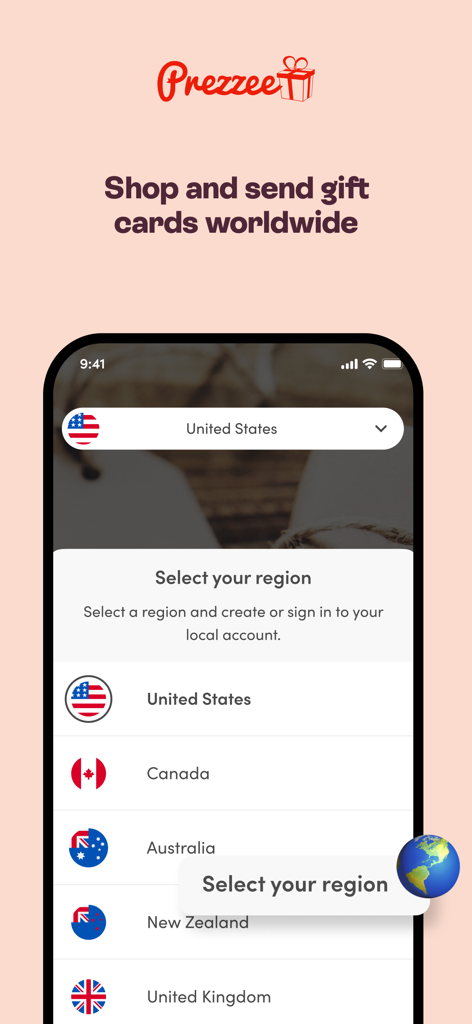 Prezzee eGift cards - 海外のギフトカード購入のための地域選択オプションを表示するPrezzeeアプリの画面