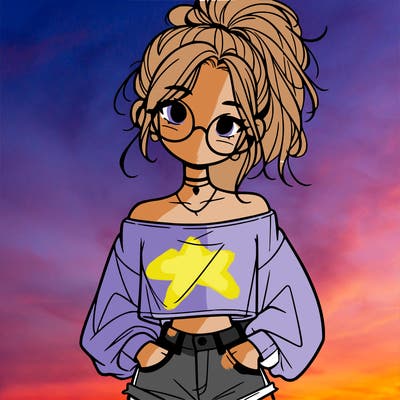girl with a messy ponytail glasses a baggy crop top and jean shorts