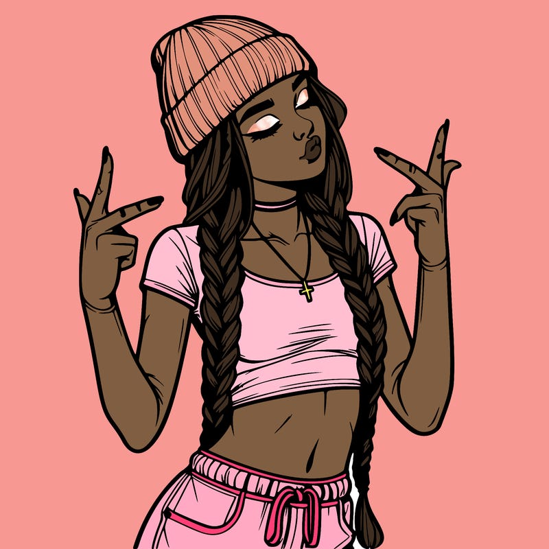 realistic teenage girl with braids and a beanie and crop top doing 🫶🏼