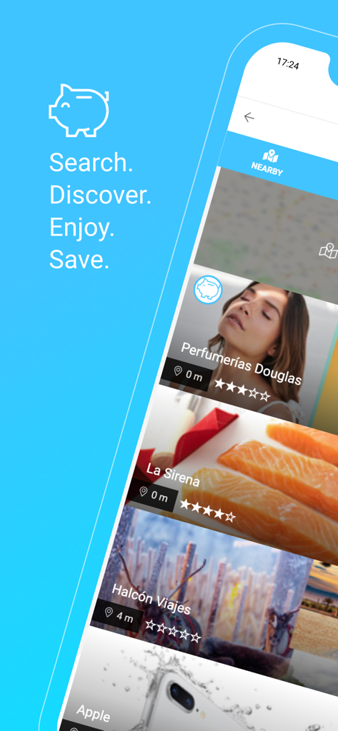 인근 쇼핑 할인 및 소매 혜택 목록을 표시하는 IBenefits 모바일 앱 인터페이스