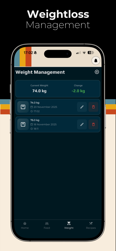 Re:Fit - Re Fit app weight management interface showing weight loss progress and daily logs.