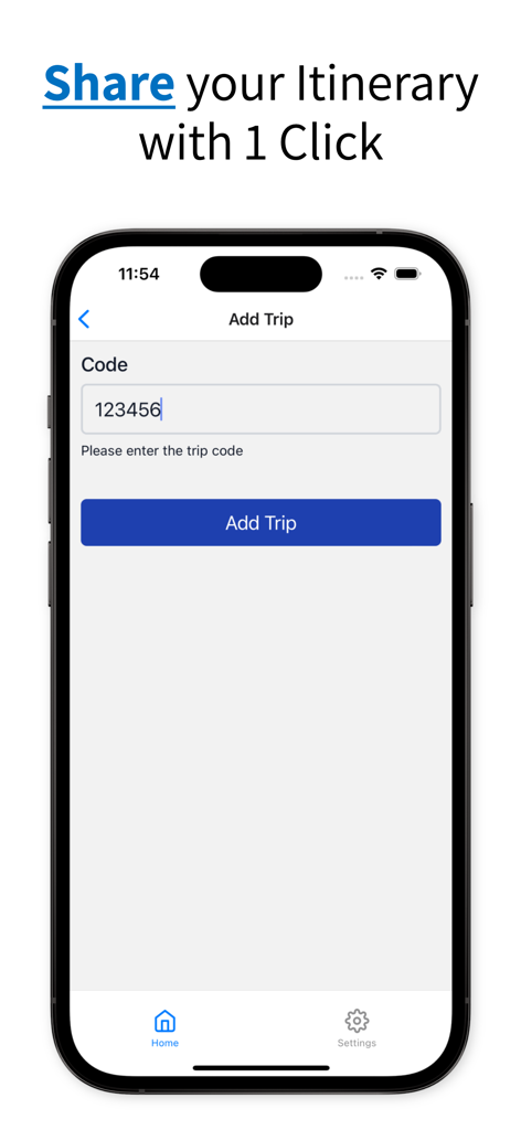 Travel Easy App-Oberfläche zum Teilen und Beitreten eines Reiseplans mit einem Code.
