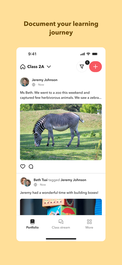 Toddle Student - A mobile app interface of Toddle Student showing a student learning journey portfolio with photos of a zebra and building blocks