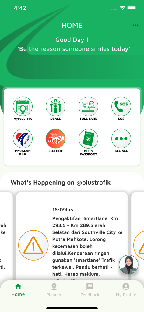 PLUS App (Official) - Pantalla de inicio de la app oficial PLUS que muestra actualizaciones de tráfico e iconos de utilidad de la autopista