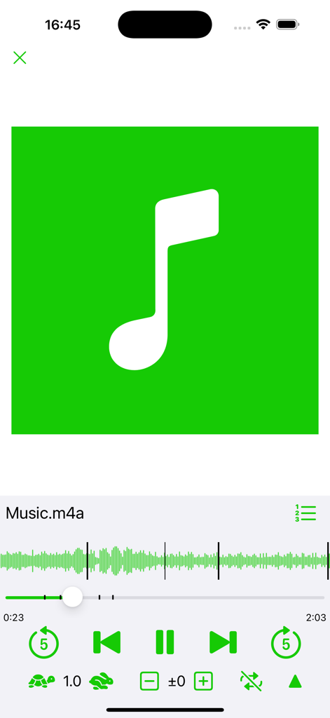 KQ Audio Player - KQ Audio Player playback interface showing waveform display and audio adjustment settings