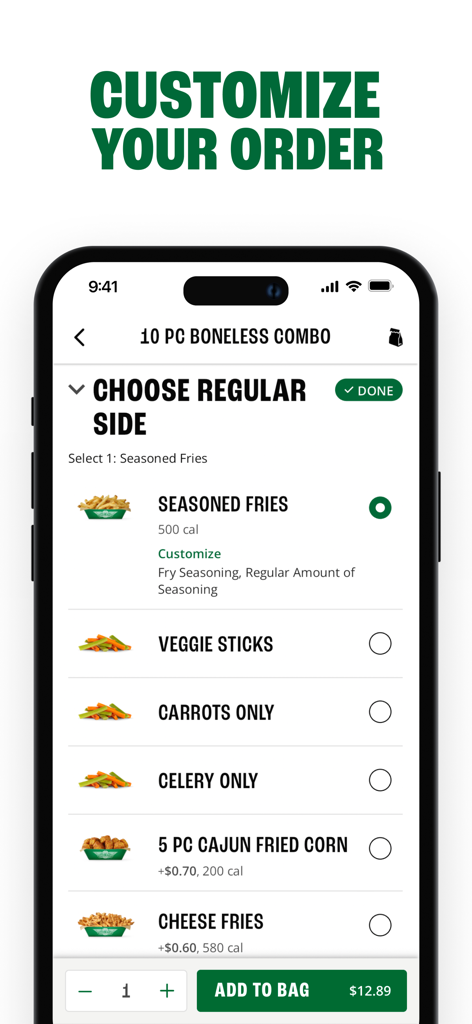 Wingstop mobile app interface showing customization options for a meal combo with various sides like fries and veggie sticks