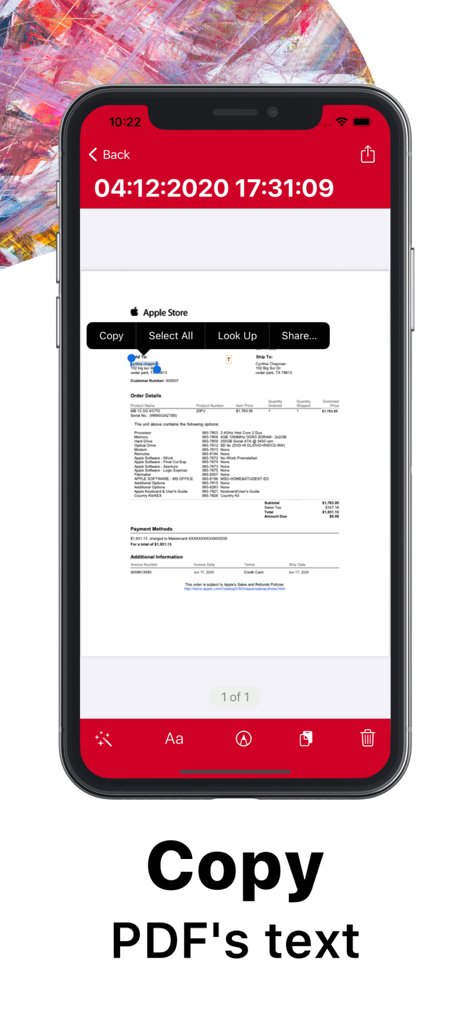ScanPlus mobile app interface highlighting the OCR text recognition and copy feature on a scanned receipt.