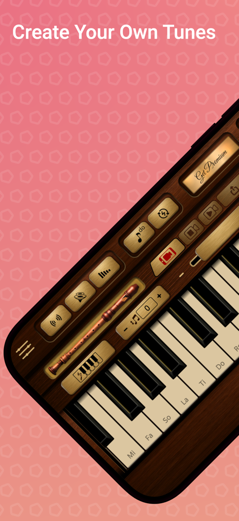 Recorder Sim - Recorder Sim App-Oberfläche mit Holzmaserung-Design und einer Klaviatur zur Erstellung von Musik