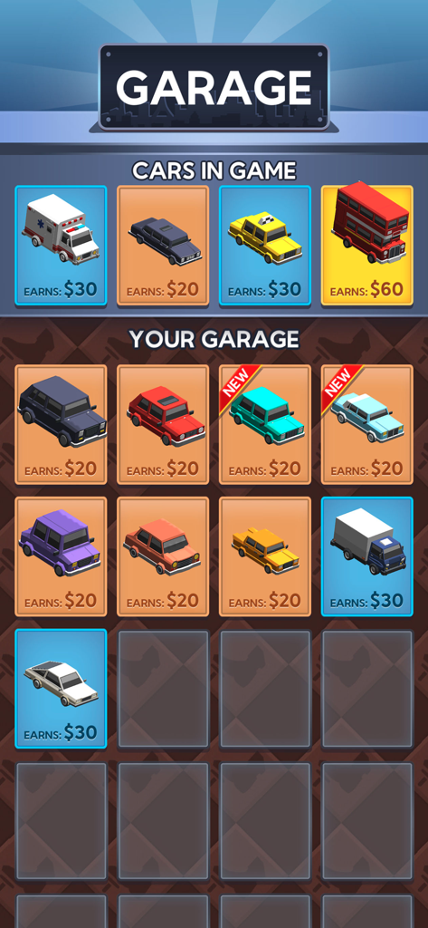 Menu de garage dans le jeu mobile Drive and Park montrant diverses voitures déblocables et leurs gains