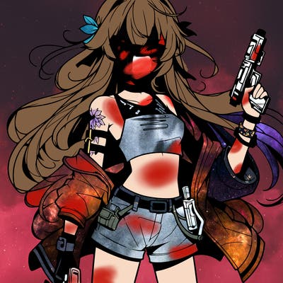 bad girl wearing crop top holding a gun long hair anime