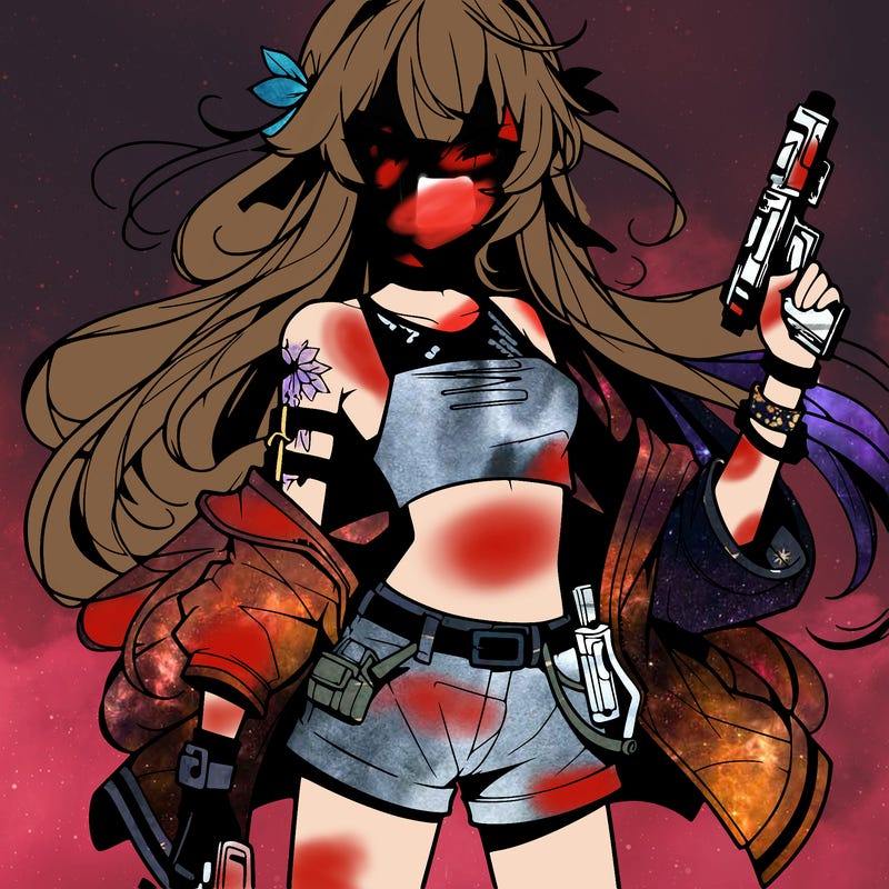 bad girl wearing crop top holding a gun long hair anime